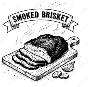 Dessin en noir et blanc d'une tranche de LE BRISKET SIGNATURE PAR STEPHAN "L'art du feu et du temps" sur une planche à découper en bois avec un couteau, un oignon et des cornichons. Une bannière au-dessus indique "Brisket fumé" avec de la vapeur s'élevant de la viande.